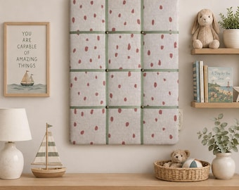 Handmade Fabric Noticeboard: Rose Linen Painted Spot with Sage Green Ribbon - storage and organisation for photos, notes, cards