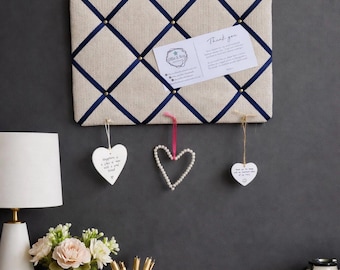 Fabric Noticeboard with Navy Ribbon, Brass Pins & Key Hooks ~ Storage, Organisation and Display for Photos, Memos, Keys and More