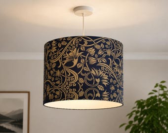 Handmade floral damask navy fabric table or ceiling lampshade in a round drum style