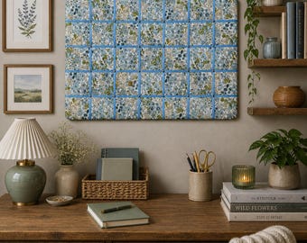 Handmade Fabric Noticeboard ~ Floral design with blue ribbon in a square pattern