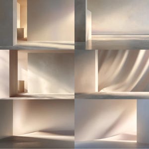 May include: A series of architectural renderings showcasing minimalist interior spaces. The images feature neutral color palettes, with soft lighting and shadows creating a sense of depth and tranquility. The designs emphasize clean lines and open spaces.