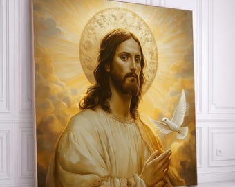 Jesus Christ with Holy Dove Canvas Wall Art, Christian Religious Painting, Spiritual Divine Portrait, Halo Light Background, Inspirational