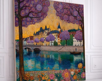Gustav Klimt Style Cityscape Canvas, Vibrant Floral Trees and River Scene, Golden Swirl Sky Wall Art, Decorative European Landscape Print
