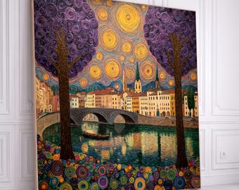 Gustav Klimt Style Starry Night Canvas, Vibrant Cityscape Wall Art, Swirling Trees and River Landscape, Decorative Home Canvas, Colorful