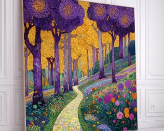 Gustav Klimt Style Forest Path Canvas Wall Art, Vibrant Swirling Trees and Colorful Floral Landscape, Decorative Nature Scene, Modern Canvas