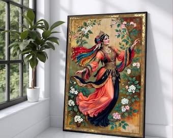 Elegant Traditional Dancer Canvas, Persian Royal Costume Art, Floral Frame Wall Decor, Vibrant Cultural Portrait, Home Decoration Canvas