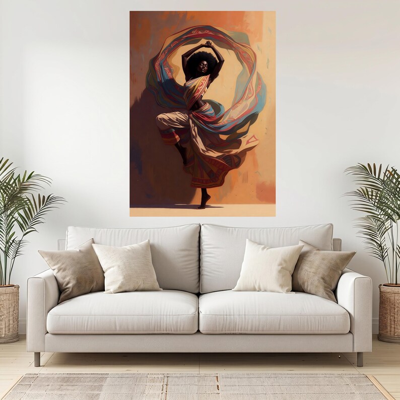 Graceful African Dance Canvas, Woman Flowing Fabric, Ethnic Wall Art, Colorful Movement Canvas, Elegant Home Decor, Ready to Hang StretchedWood Canvas