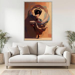 Graceful African Dance Canvas, Woman Flowing Fabric, Ethnic Wall Art, Colorful Movement Canvas, Elegant Home Decor, Ready to Hang Silver Frame