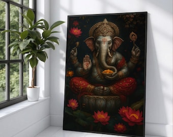 Lord Ganesha Meditation Canvas, Elephant Deity Wall Art, Spiritual Hindu Home Decor, Red Lotus Floral Canvas, Sacred Indian Art Print