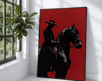Elegant Matador Silhouette on Black Horse Canvas, Spanish Riding Art, Bold Red Wall Decoration, Equestrian Home Canvas