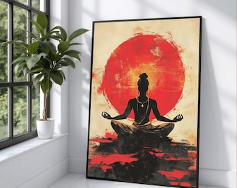 Meditation Pose Silhouette Canvas, Red Sun Abstract Wall Art, Zen Yoga Decor, Spiritual Canvas Art, Mindfulness Home Decoration