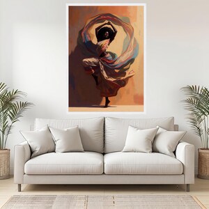 Graceful African Dance Canvas, Woman Flowing Fabric, Ethnic Wall Art, Colorful Movement Canvas, Elegant Home Decor, Ready to Hang White Frame