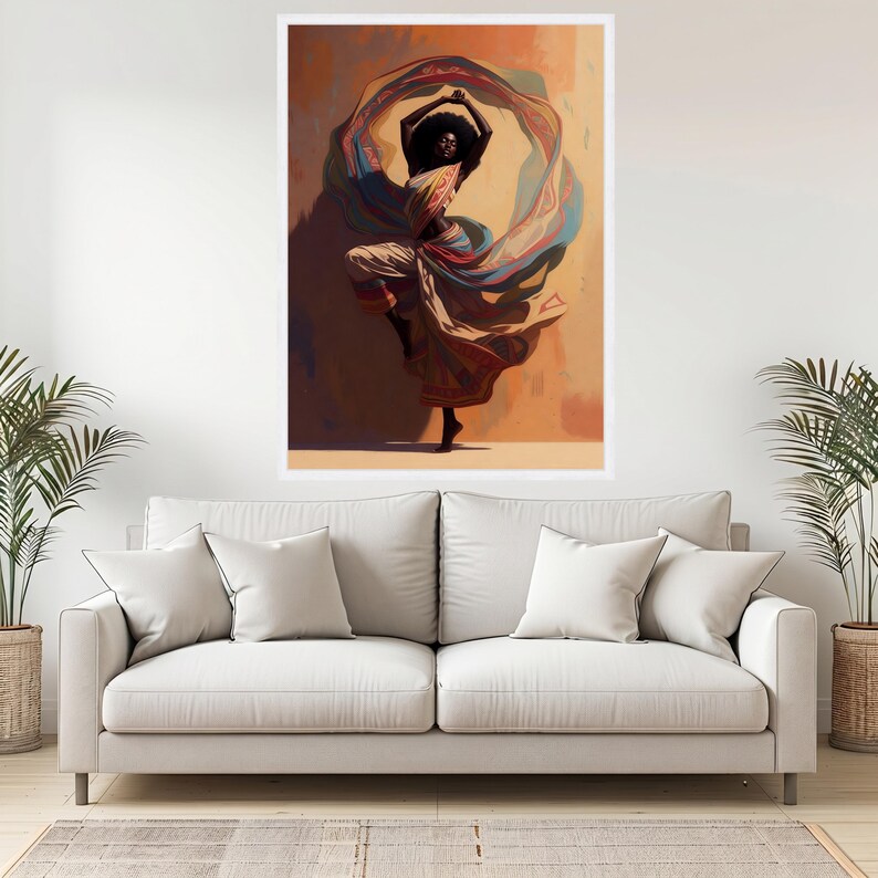 Graceful African Dance Canvas, Woman Flowing Fabric, Ethnic Wall Art, Colorful Movement Canvas, Elegant Home Decor, Ready to Hang White Frame