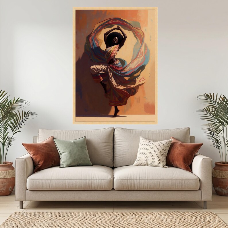 Graceful African Dance Canvas, Woman Flowing Fabric, Ethnic Wall Art, Colorful Movement Canvas, Elegant Home Decor, Ready to Hang Natural Wood Frame
