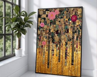 Gustav Klimt Style Floral Canvas Wall Art, Gold Abstract Pattern, Modern Decorative Flowers, Elegant Home Decor Artwork