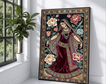 Elegant Persian Woman Portrait Canvas, Traditional Persian Attire Wall Art, Floral Motif Canvas Decoration, Cultural Heritage Artwork for