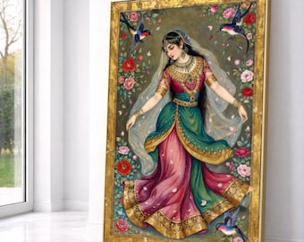 Elegant Persian Dance Woman Canvas, Traditional Persian Dress Wall Art, Floral Bird Frame, Middle Eastern Art Print, Home Decoration Canvas