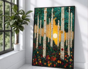 Gustav Klimt Style Birch Forest Canvas Wall Art, Decorative Floral Landscape, Golden Sun Abstract Nature Painting, Vibrant Home Décor