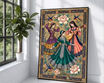 Elegant Persian Dance Scene Canvas, Traditional Women Colorful Dresses, Floral Border Wall Art, Musical Celebration Canvas, Home Decor
