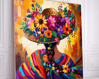 Vibrant Floral Hat Woman Portrait Canvas, Bohemian Wall Art, Colorful Flower Bouquet Home Decor