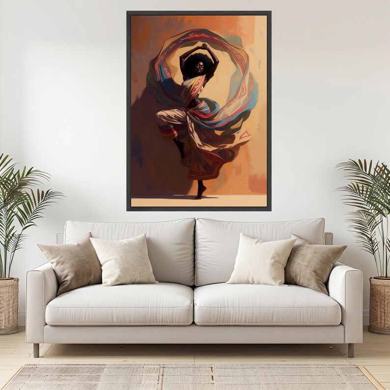 Graceful African Dance Canvas, Woman Flowing Fabric, Ethnic Wall Art, Colorful Movement Canvas, Elegant Home Decor, Ready to Hang Black Frame
