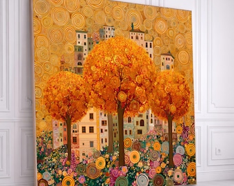 Gustav Klimt Style Autumn Trees Canvas Wall Art, Colorful Swirl Floral Landscape, Modern Art Home Decor, Vibrant Cityscape Painting