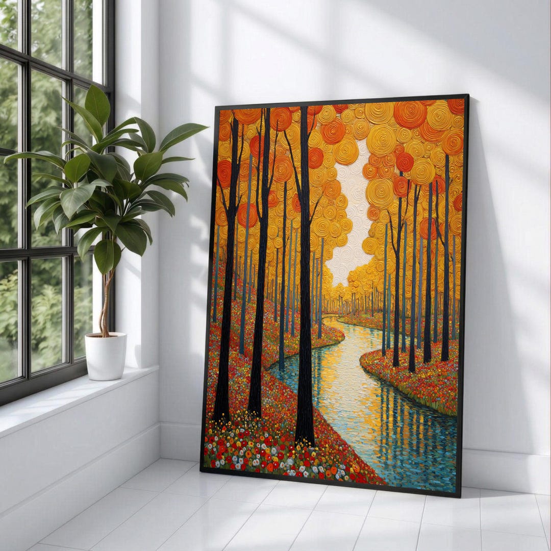 Autumn Forest River Canvas Wall Art, Gustav Klimt Style Landscape ...