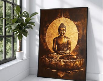 Golden Buddha Meditation Canvas, Spiritual Wall Art, Zen Lotus Flower Canvas, Peaceful Home Decor, Tranquil Buddha Statue Design