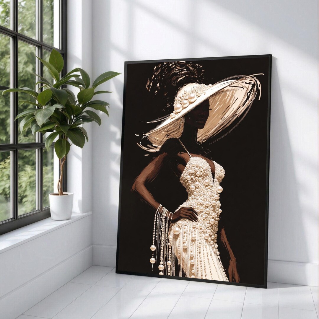 Elegant Black Woman Canvas Wall Art, Afro Fashion Portrait, Pearl Dress ...