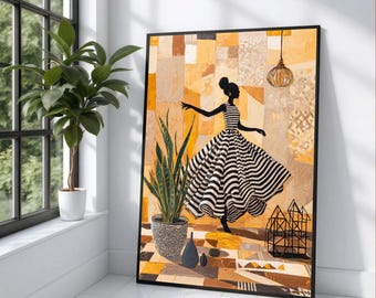 Elegant Afro Woman Silhouette Canvas, Black and White Striped Dress Wall Art, Modern Afrocentric Home Decor, Abstract Interior Painting