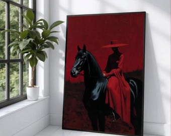 Elegant Woman on Black Horse Canvas, Red Dress Rider Wall Art, Dramatic Horseback Scene, Dark Fashion Canvas, Modern Home Decoration