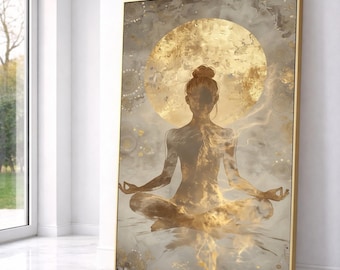 Meditative Woman Silhouette Canvas, Golden Halo Spiritual Art, Abstract Yoga Pose Wall Art, Zen Home Decor, Calm Atmosphere Canvas