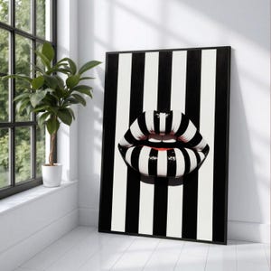 Bold Black White Stripe Lips Canvas, Modern Pop Art Wall Decor, Graphic Lip Art, Contemporary Pattern Canvas, Chic Home Decoration