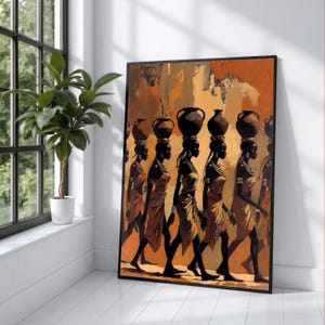 Afro Women Carrying Pots Canvas Wall Art, African Culture Painting, Ethnic Tribal Female Silhouettes, Warm Tones Home Decoration
