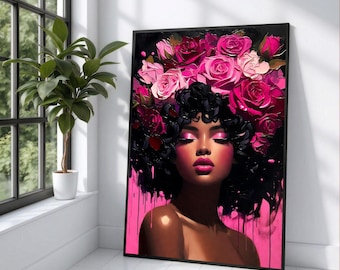 Afro Woman Floral Crown Canvas, Pink Roses Portrait Art, Feminine Wall Decor