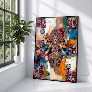 Op de afbeelding: Een ingelijst abstract schilderij met een figuur met meerdere armen, een kleurrijke hoofdtooi en kleding. Het kunstwerk gebruikt een levendig palet van blauw, rood en oranje, met geometrische patronen en een textuur. Het schilderij wordt in een lichte kamer getoond.