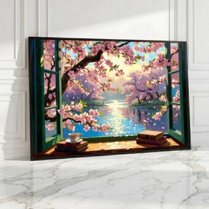 May include: A framed art print depicting a serene outdoor scene viewed through a window. The artwork features a vibrant display of pink cherry blossoms, a calm body of water, and a cup of coffee on a stack of books. The window frame is green.
