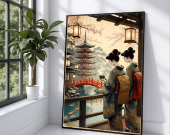 Tranquil Japanese Garden Scene, Geisha Kimono Canvas, Red Bridge and Pagoda Wall Art, Traditional Asian Landscape Canvas, Home Decor