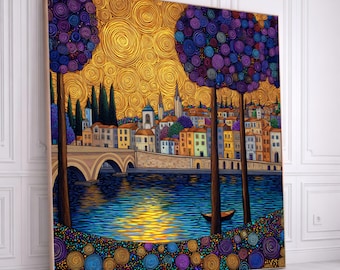 Gustav Klimt Style Cityscape Canvas Wall Art, Vibrant River Scene with Colorful Trees, Modern Decorative Home Art, Abstract Landscape Print