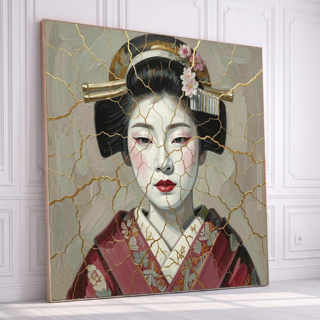 Elegant Japanese Geisha Portrait Canvas, Traditional Kimono Wall Art ...