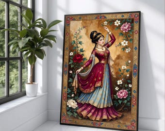Persian Woman Dancing Canvas Wall Art, Traditional Persian Dress Painting, Floral Elegant Woman Portrait, Classic Middle Eastern Art, Home