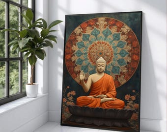 Tranquil Buddha Meditation Canvas, Spiritual Mandala Wall Art, Zen Home Decor, Orange Robe Buddha Poster, Peaceful Sacred Art