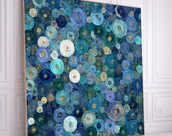 Gustav Klimt Style Blue Abstract Circles Canvas, Modern Geometric Wall Art, Spiraled Floral Pattern Canvas, Decorative Home Art, Ready to