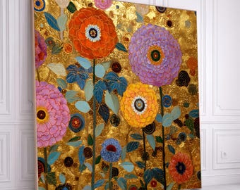 Gustav Klimt Style Floral Canvas Wall Art, Golden Background Flowers, Decorative Blooming Garden Canvas, Elegant Home Decor Painting
