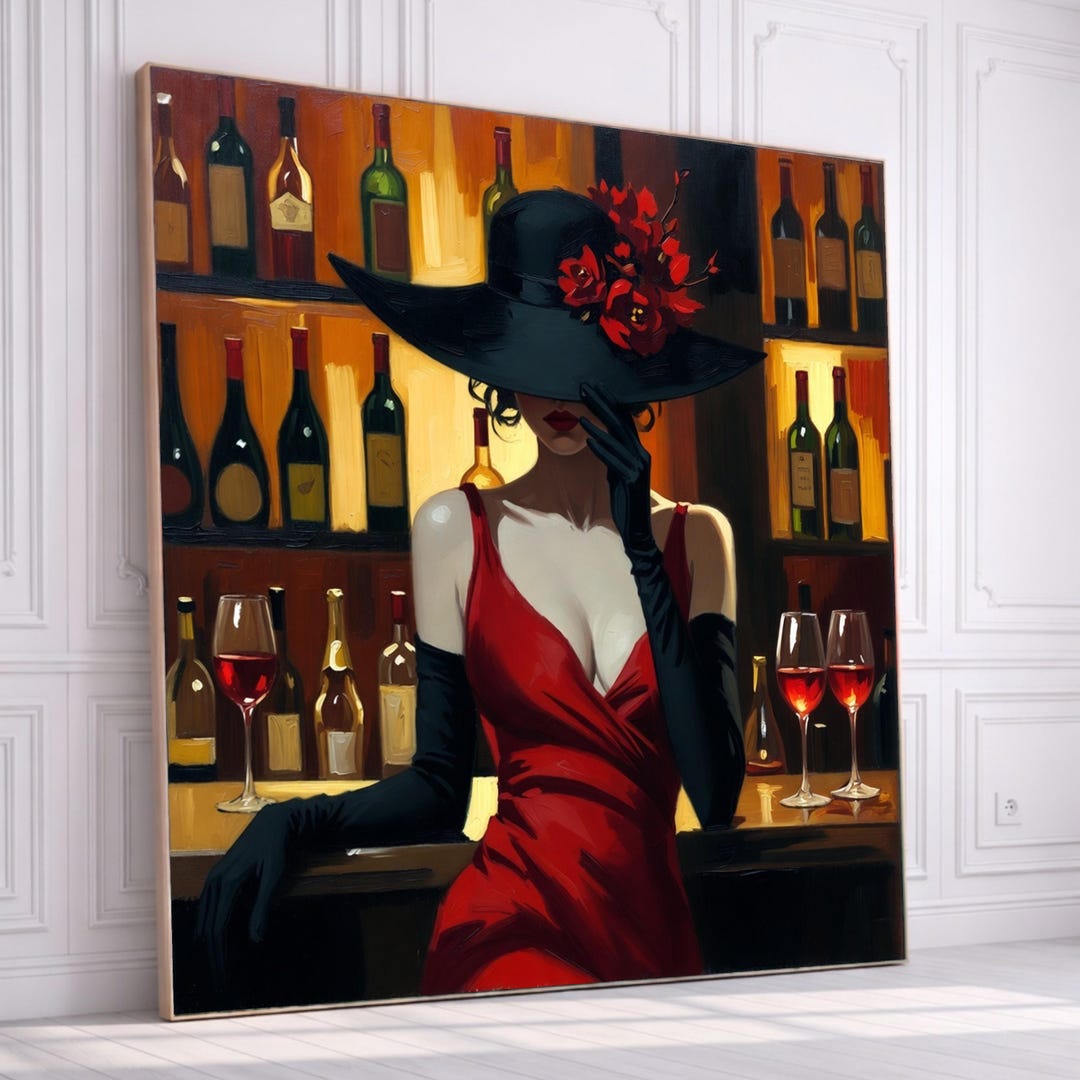 Elegant Woman Red Dress Canvas, Chic Bar Scene Wall Art, Glamour ...