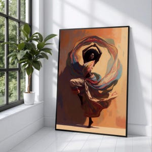 Graceful African Dance Canvas, Woman Flowing Fabric, Ethnic Wall Art, Colorful Movement Canvas, Elegant Home Decor, Ready to Hang image 1