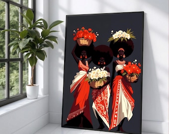 Elegant African Women with Flower Baskets Canvas, Afrocentric Wall Art, Tribal Pattern Dresses, Bold Red and White Colors, Home Decoration