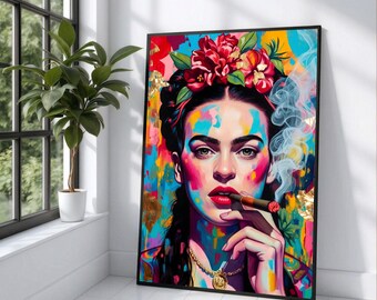 Frida Kahlo Portrait Canvas Wall Art, Modern Mexican Icon Painting, Floral Headpiece Artwork, Colorful Expressionist Home Decor