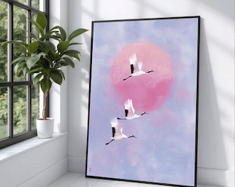 Graceful Flying Cranes Canvas, Pink Sun Wall Art, Bird Flight Decor, Serene Nature Canvas, Pastel Sky Painting, Modern Home Decoration