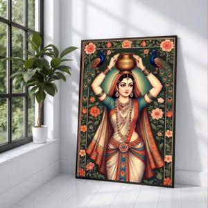 Canvas Traditionele Indiase vrouw met pot, etnische bloemenkunst aan de muur, decor pauw, vintage stijl canvas huis, elegant cultureel schilderij